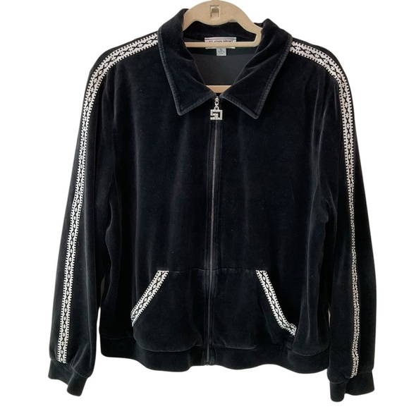 Saint John Sport by Marie Black Velour Zip Front Embroidered Jacket Sz XL - Picture 1 of 4